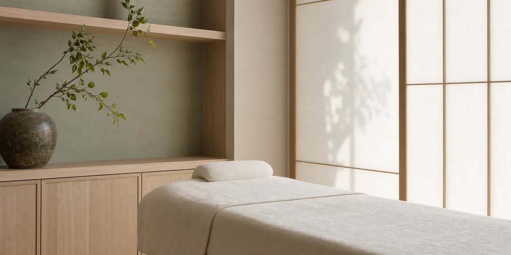 Calm treatment room for the fictional Nova Skin Studio brand